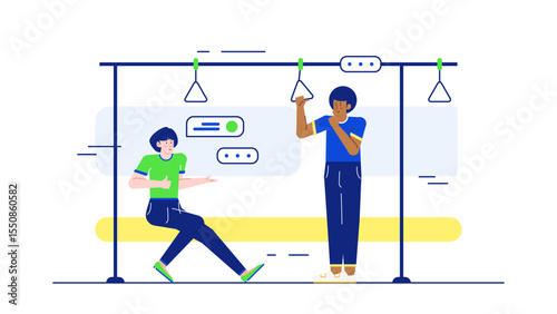 Two people riding public transport. Suitable for transportation service promotions or urban lifestyle content. City commuters on bus or train.