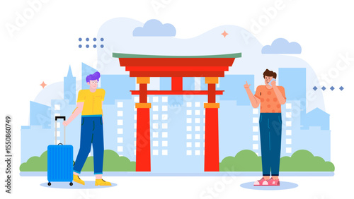 Two travelers near a Japanese torii gate in a city, suitable for travel blogs, cultural websites, or Asian tourism brochures.