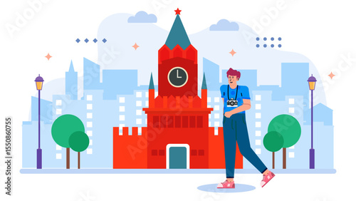 Tourist capturing Moscow's iconic Spasskaya Tower, ideal for travel blogs, city guides, tourism marketing materials, and cultural magazines.