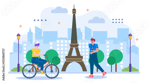 Cyclist and tourist exploring Paris near the Eiffel Tower. Ideal for travel blogs, tourism websites, and advertising campaigns.