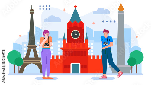 Tourists capturing iconic landmarks. Ideal for travel blogs, brochures, social media posts, and presentations on global tourist destinations and architecture.
