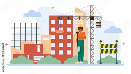 Construction worker with a shovel near a building, suitable for construction, industry, workforce, labor, development, hard work, and infrastructure projects.