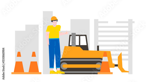 Worker inspects a bulldozer near orange cones. Suitable for construction, industrial, equipment, and safety themed designs. Ideal for engineering and construction businesses.