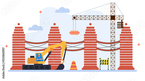 Construction site with a crane excavator and bricks, suitable for construction themes, building projects, industrial presentations, and engineering concepts.