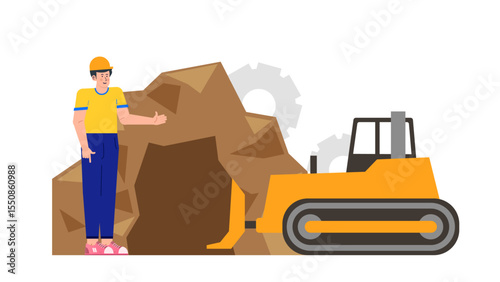 Worker in hard hat smiles beside bulldozer and rocks. Suitable for construction, industrial, or worker safety concepts in design projects.