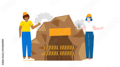 Two construction workers inspect a mine entrance with safety barriers. Suitable for construction safety, mining industry, workplace maintenance, and industrial operations presentations.