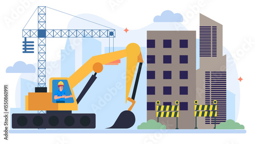 Construction site with a crane excavator and building; suitable for construction industry websites, project presentations, and real estate marketing materials.