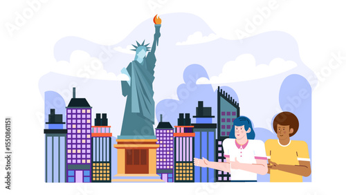 Two people admiring Statue of Liberty in New York City. Suitable for travel brochures, patriotic designs, and cultural publications.