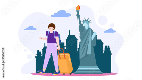 Tourist with luggage near Statue of Liberty in NYC; ideal for travel brochures, websites, advertisements, and social media posts.