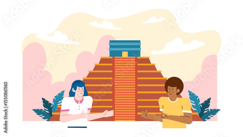 Two people admiring the temple of Kukulkan in Chichen Itza, perfect for travel brochures, cultural blogs, historical websites, and educational materials.