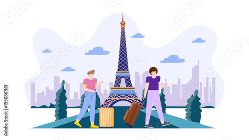 Two travelers with luggage admire the Eiffel Tower in Paris. Perfect for travel blogs, tourism websites, or social media posts.