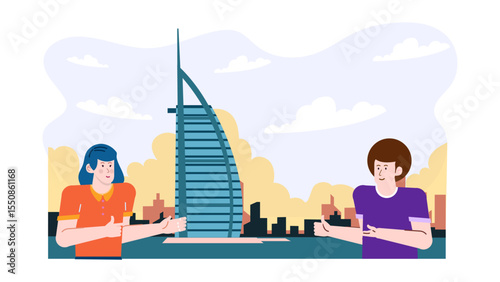 Two people in awe of the majestic Burj Al Arab, Dubai. Suitable for travel brochures, tourism websites, lifestyle blogs, social media posts.