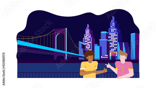 Two friends chatting near city bridge at night. Suitable for friendship, urban lifestyle, evening walk, cityscape, and social interaction concepts.