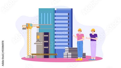 Two workers examining construction site plans. Suitable for construction industry marketing materials, project management presentations, and urban development websites.