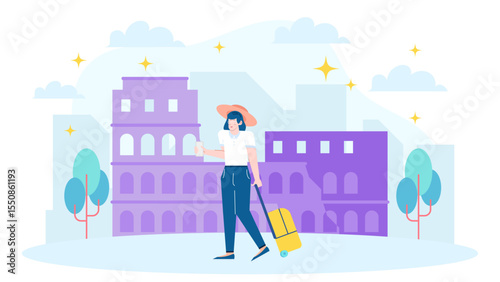 Tourist with suitcase by Rome's Colosseum, ideal for travel guides, blogs, and promotional material showcasing Rome's iconic landmarks.