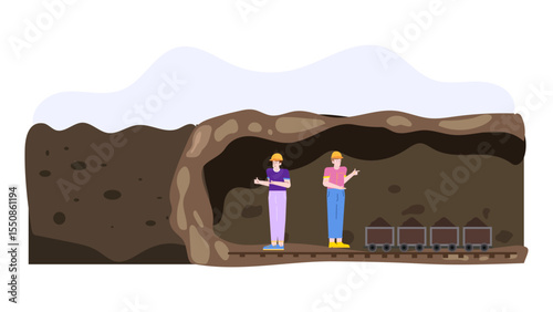 Two miners near a mine cart, suitable for industrial, mining, teamwork, and labor related design projects, websites, blogs, and presentations.