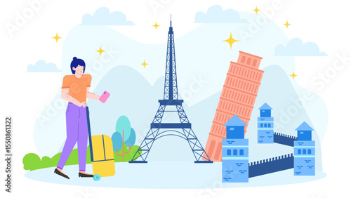 Traveler with luggage at famous landmarks Eiffel Tower, leaning tower. Ideal for travel blogs, tourist brochures, and vacation destination promotions.