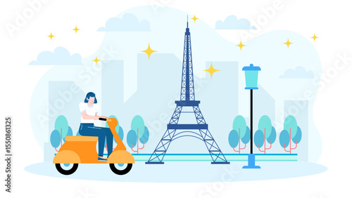 Woman riding a scooter near the Eiffel Tower, perfect for travel blogs, social media posts, and tourism promotions. Parisian adventure captured.