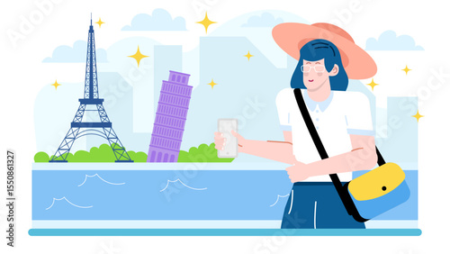 Tourist captures a memorable moment with Eiffel Tower and Leaning Tower of Pisa. Perfect for travel brochures, social media, and blog posts.