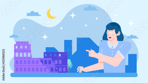 A woman pointing at a nighttime illustration of Rome's Colosseum. Suitable for travel blogs, history articles, and cultural publications.