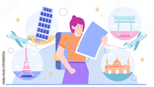 Tourist studying map for iconic landmark visit. Suitable for travel brochures, tourism websites, and adventure magazine articles.