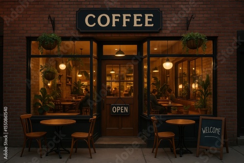 Charming neighborhood coffee shop with exposed brick facade and inviting window display attracting pedestrian foot traffic