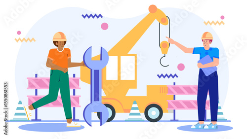 Two construction workers with wrench near crane; perfect for illustrating teamwork, construction industry, equipment maintenance, or builders at work.