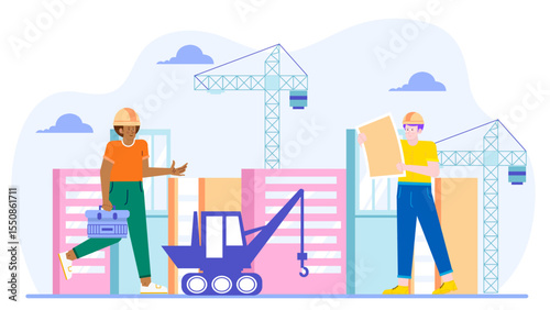 Two construction workers reviewing blueprints at a construction site. Suitable for construction industry websites, brochures, and presentations.