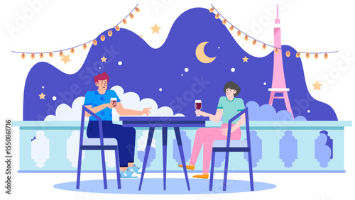 Couple enjoys nighttime drinks on a charming Paris balcony. Ideal for travel, romance, luxury, and European lifestyle concepts.