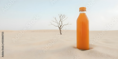 Orange Juice Bottle on Sandy Landscape with Minimalist Tree