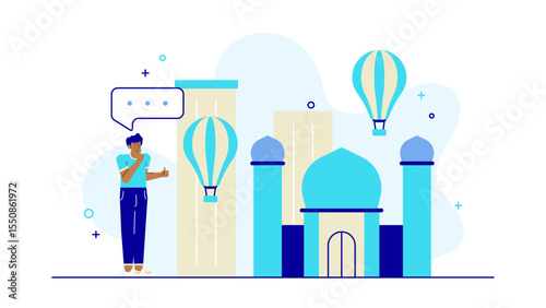 Man contemplates near a mosque and hot air balloons; perfect for travel, contemplation, and cultural or religious themes in design projects.