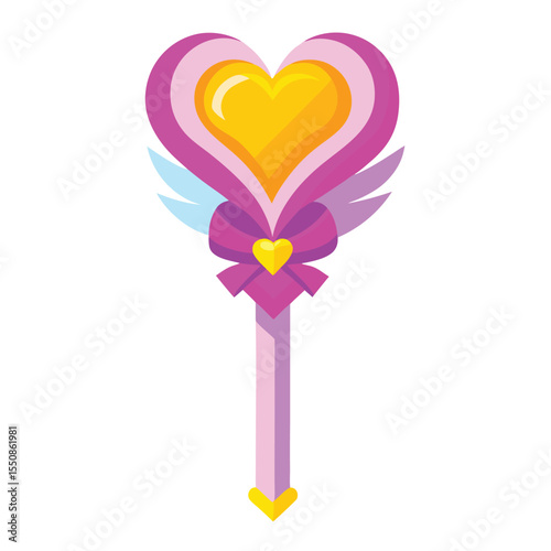 Magical heart shaped wand with wings and bow vector illustration for design elements