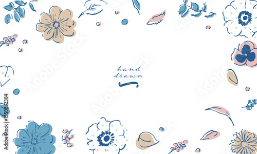 手描きの草木イラスト。草木と花のベクター素材。草木と花の夏のシンプル背景フレーム。植物セット。Hand drawn illustration of plants and trees. Vector material of plants, trees and flowers. Summer simple background frame of plants, trees and flowers. P