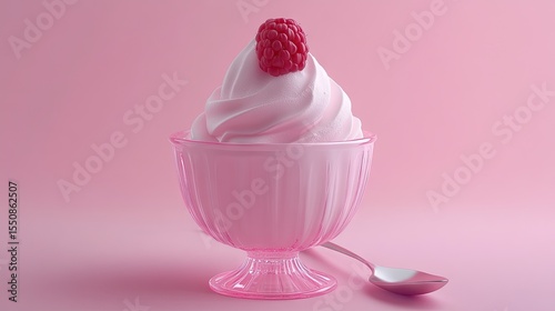 Pink dessert bowl filled with whipped cream and a raspberry.