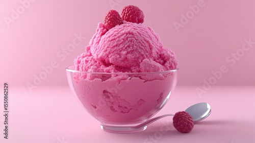 Pink ice cream dessert in a glass bowl.