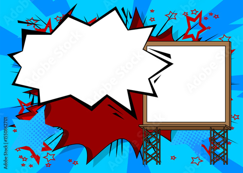 Cartoon Billboard with blank speech bubble, comic book Blank background. Retro vector comics pop art design.