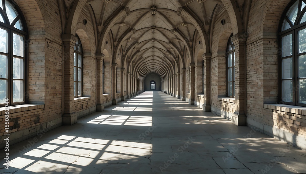 Fototapeta premium A Majestic Stone Archway Hallway with Sunlight Streaming Through the Windows
