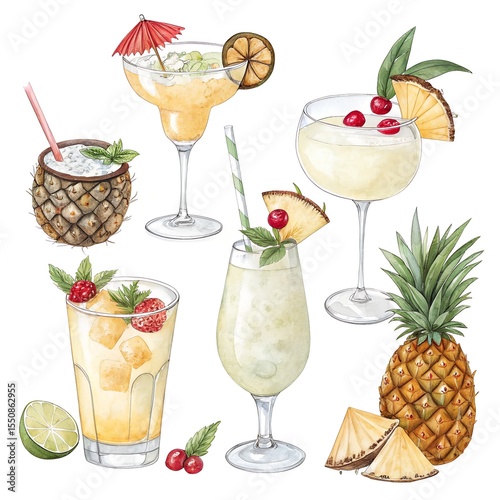 png collection of pina colada cocktails in difference