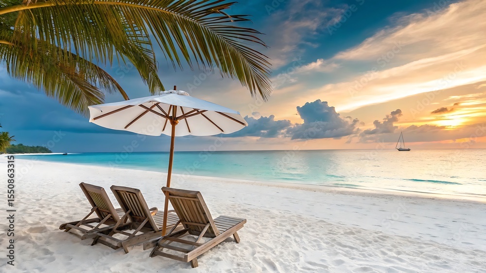 Obraz premium Idyllic tropical beach with lounge chairs and umbrella at sunset with sailboat