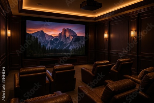 Premium home cinema setup featuring large projection screen and comfortable seating in contemporary entertainment room design
