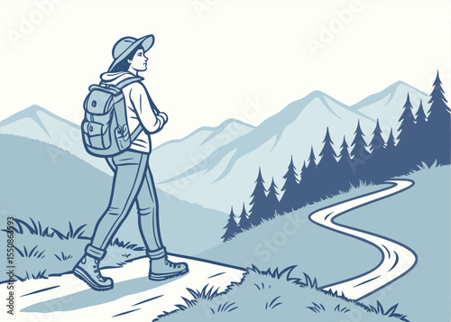Illustration of woman hiking in mountains with backpack on trail outdoor adventure travel landscape art