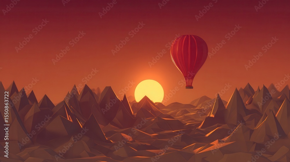 Fototapeta premium Hot air balloon floats above a low-poly landscape at sunrise.