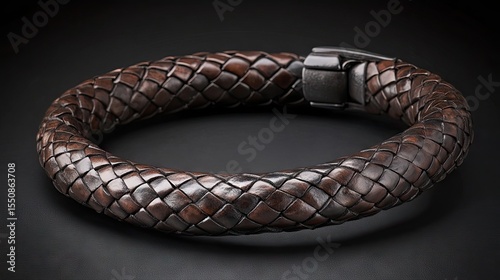Close-up of a brown woven leather bracelet.