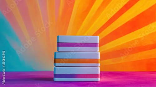 Stack of colorful, geometric boxes against a vibrant backdrop.