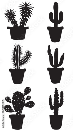 Set of black cactus silhouettes in pots , black silhouettes isolated on white background
