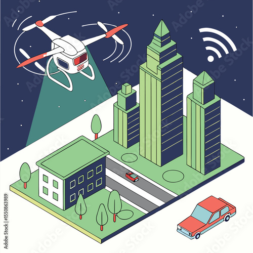 AI-powered drone flying over smart city