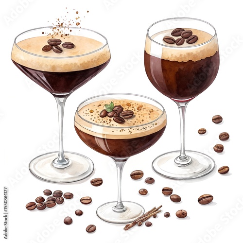 png set of espresso martini cocktails in different