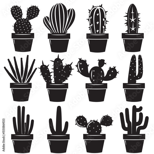 Set of black cactus silhouettes in pots , black silhouettes isolated on white background