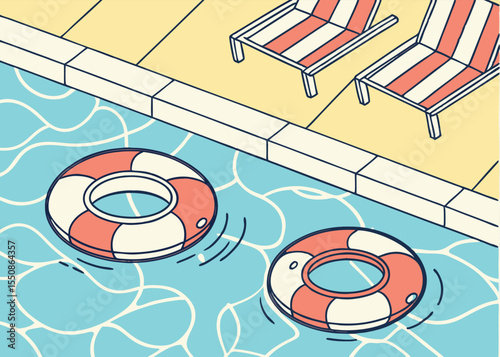 Summer pool scene with inflatable rings and lounge chairs for relaxation and vacation vibes illustration