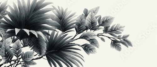 Elegant Black and White Tropical Leaf Arrangement on Soft Background